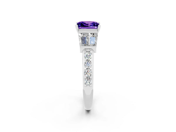 Silver Princess Cut Tanzanite Engagement Ring with Baguette Side Stones and Channel Set Band