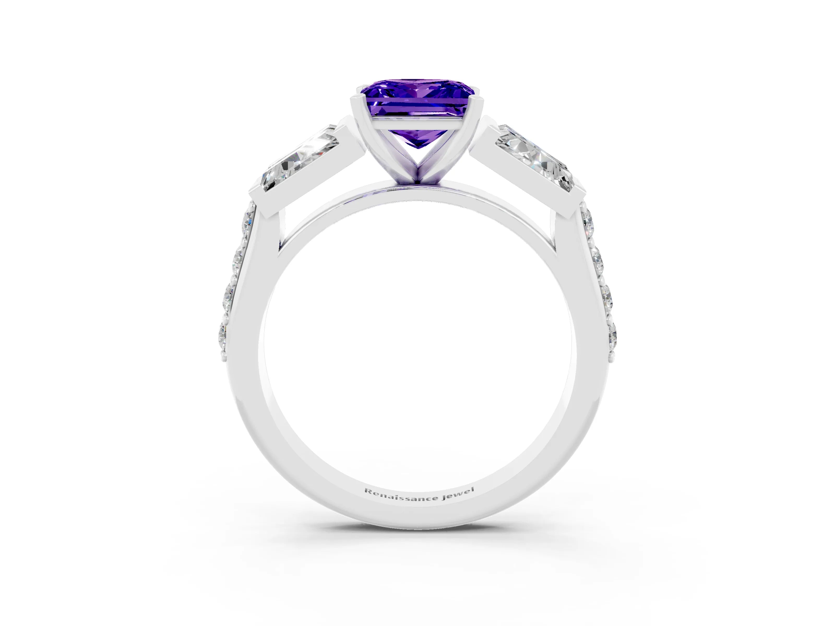 White gold Princess Cut Tanzanite Engagement Ring with Baguette Side Stones and Channel Set Band_3