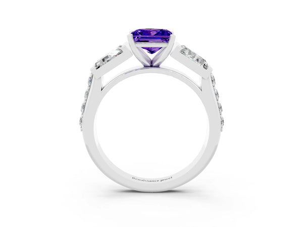 White gold Princess Cut Tanzanite Engagement Ring with Baguette Side Stones and Channel Set Band