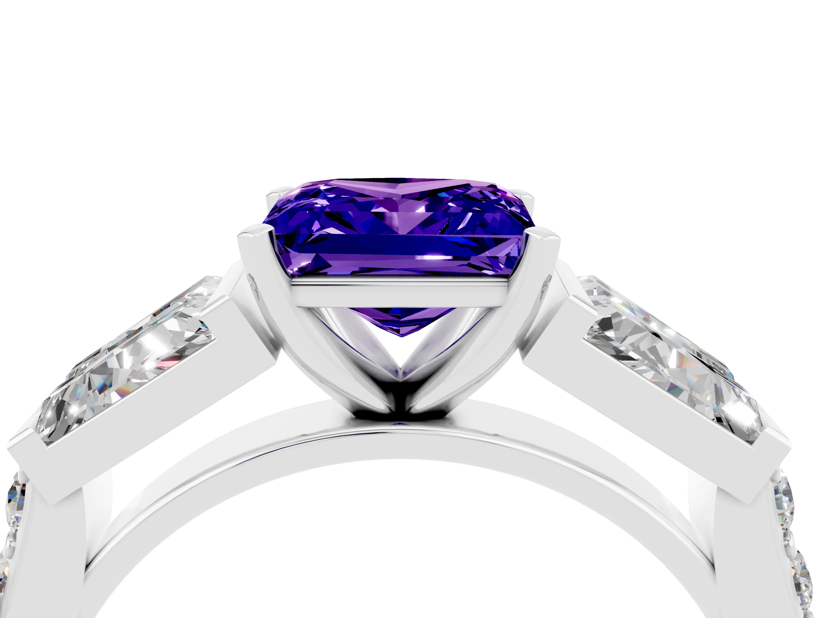 White gold Princess Cut Tanzanite Engagement Ring with Baguette Side Stones and Channel Set Band_4