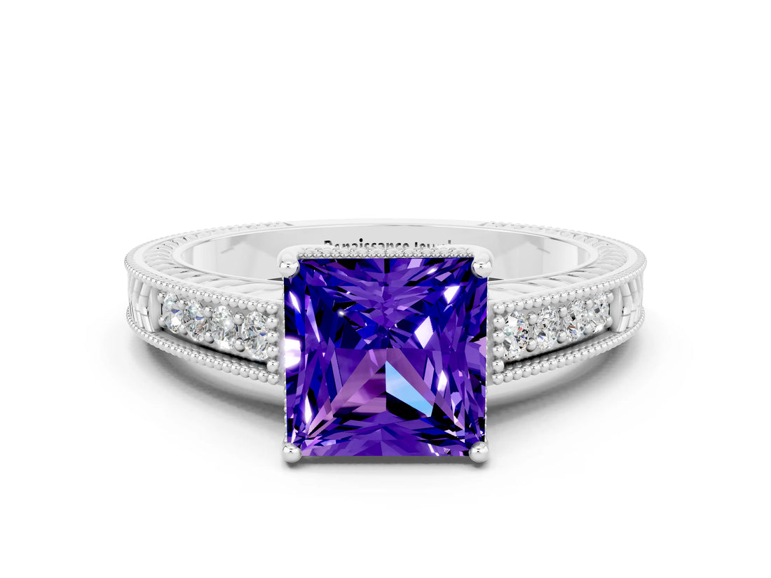 White gold Princess Cut Tanzanite Engagement Ring with Milgrain Channel Set Band and Prong Setting