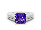 White gold Princess Cut Tanzanite Engagement Ring with Milgrain Channel Set Band and Prong Setting