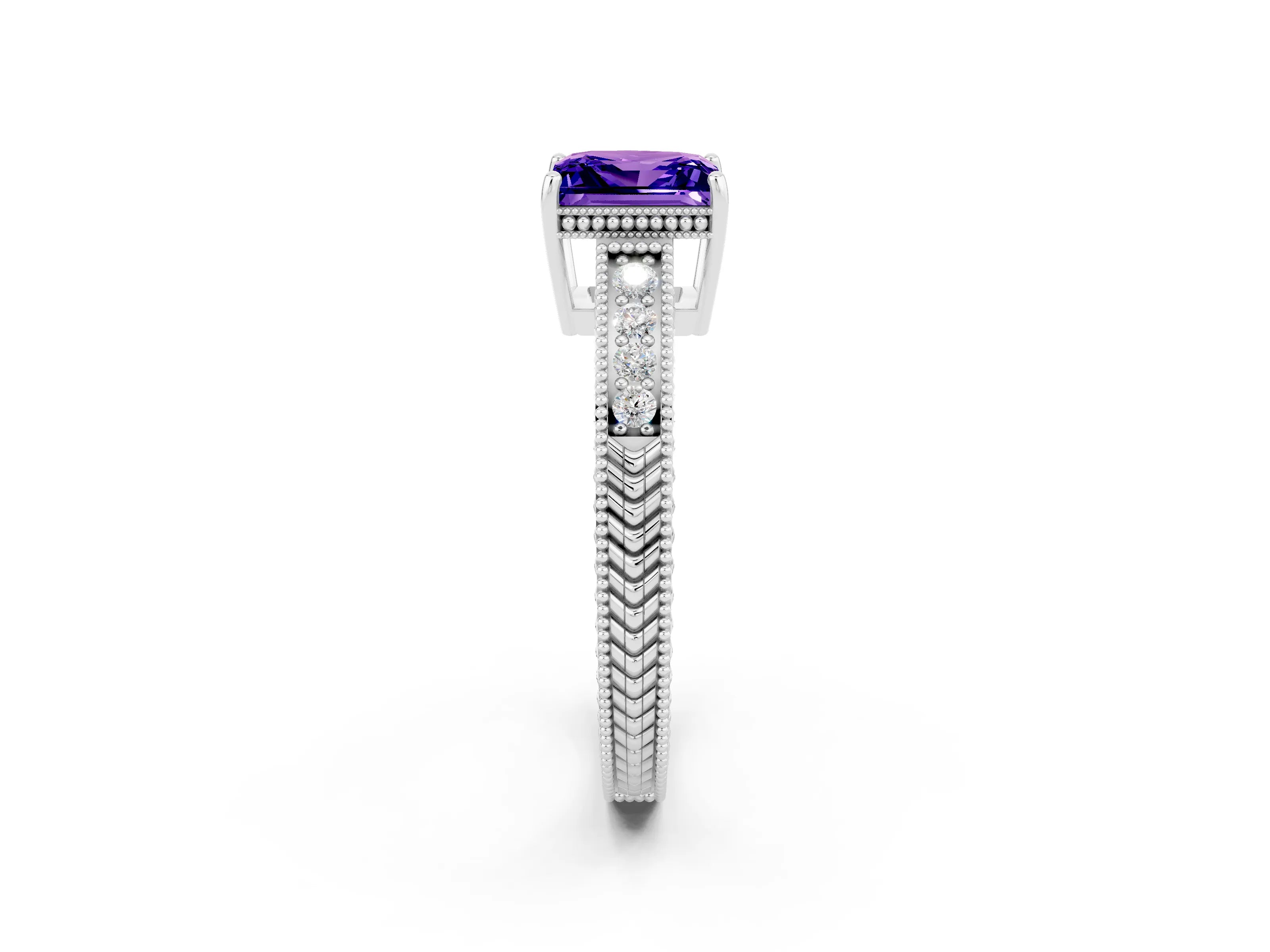 White gold Princess Cut Tanzanite Engagement Ring with Milgrain Channel Set Band and Prong Setting_2