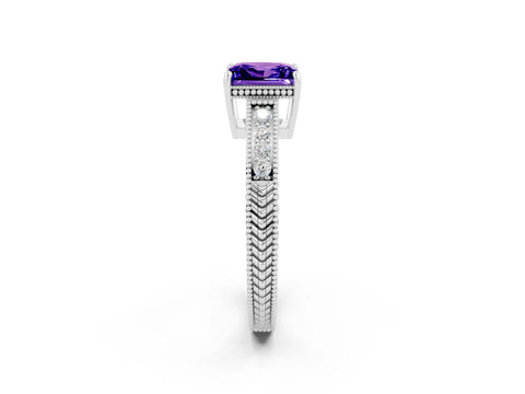 White gold Princess Cut Tanzanite Engagement Ring with Milgrain Channel Set Band and Prong Setting_2