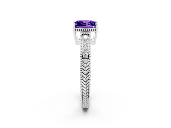 White gold Princess Cut Tanzanite Engagement Ring with Milgrain Channel Set Band and Prong Setting