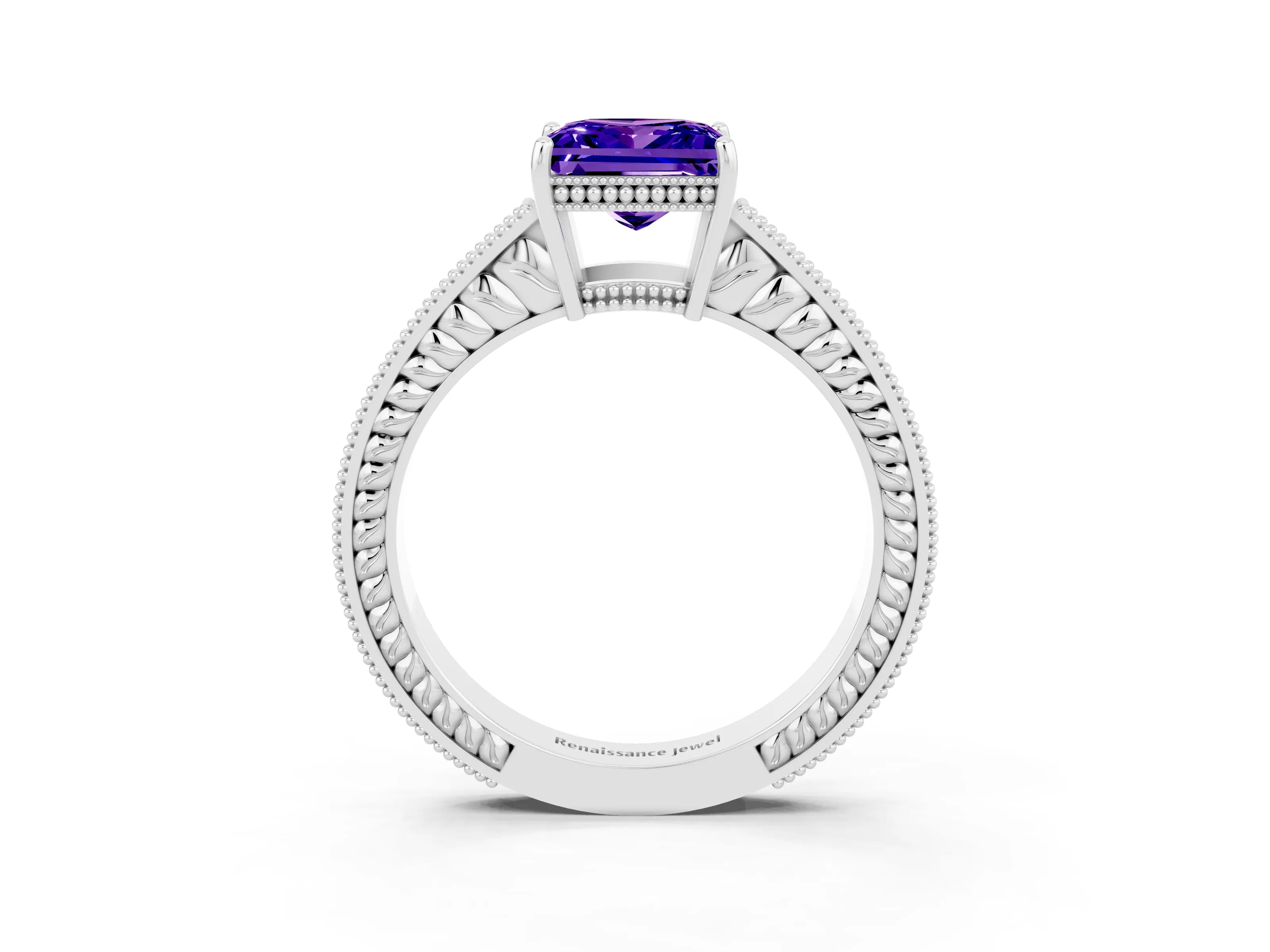 White gold Princess Cut Tanzanite Engagement Ring with Milgrain Channel Set Band and Prong Setting_3