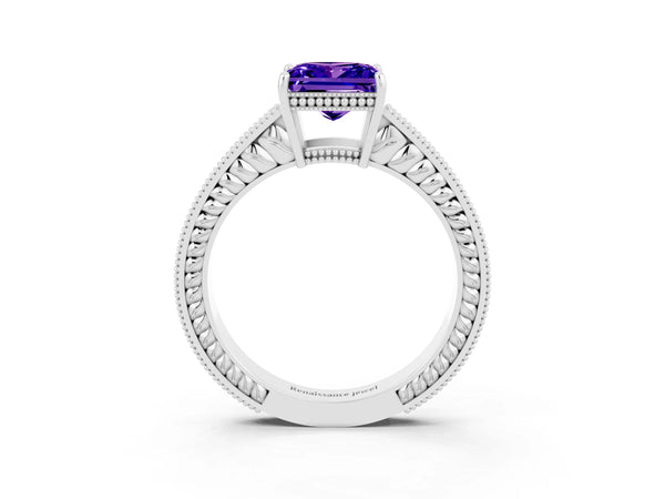White gold Princess Cut Tanzanite Engagement Ring with Milgrain Channel Set Band and Prong Setting