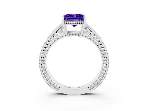 White gold Princess Cut Tanzanite Engagement Ring with Milgrain Channel Set Band and Prong Setting_3