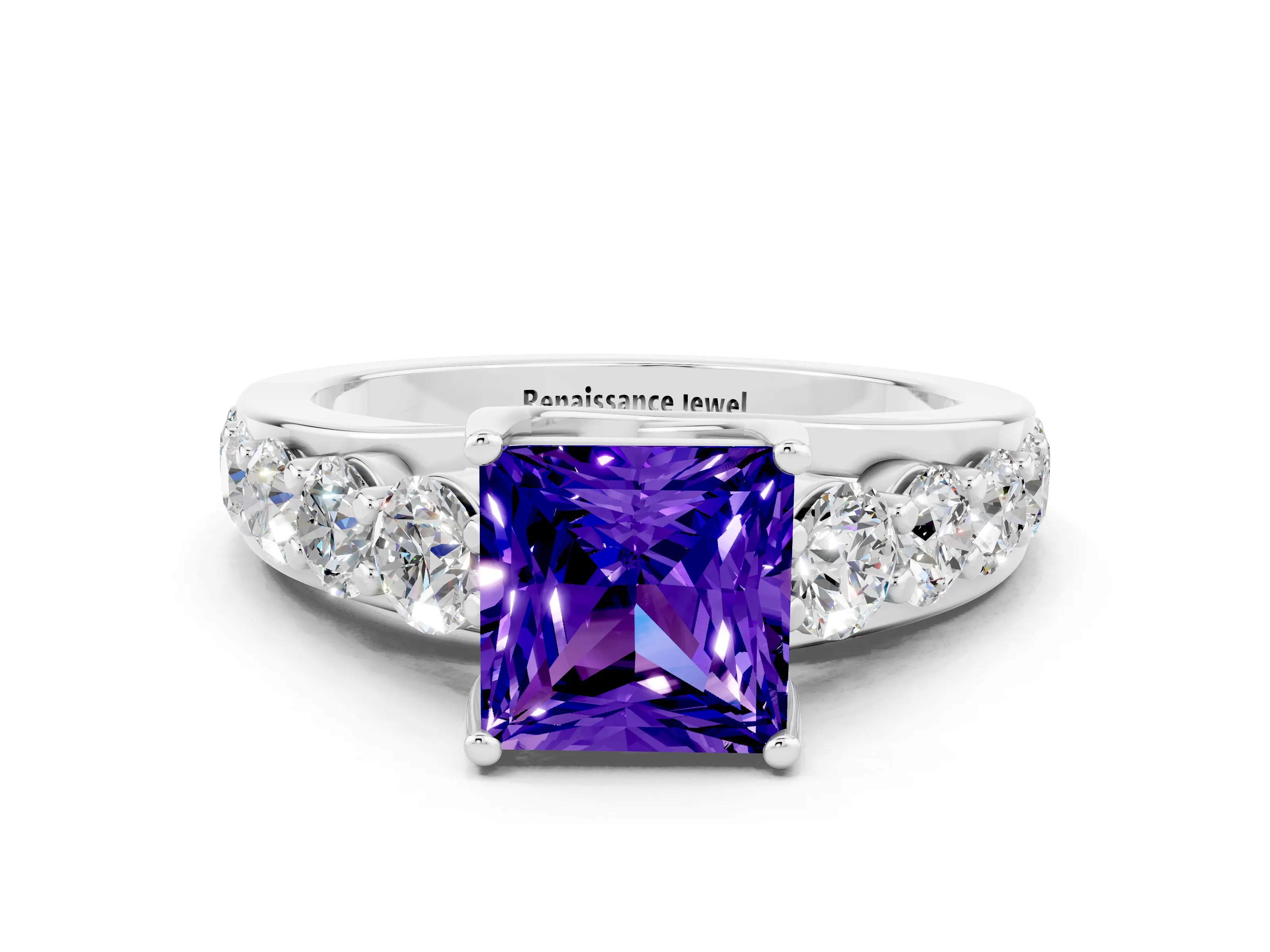 White gold Princess Cut Tanzanite Engagement Ring with Pavé Band and Four-Prong Setting