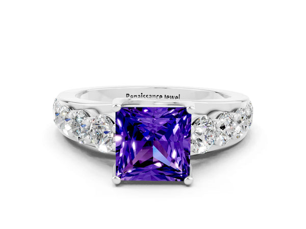 Platinum Princess Cut Tanzanite Engagement Ring with Pavé Band and Four-Prong Setting