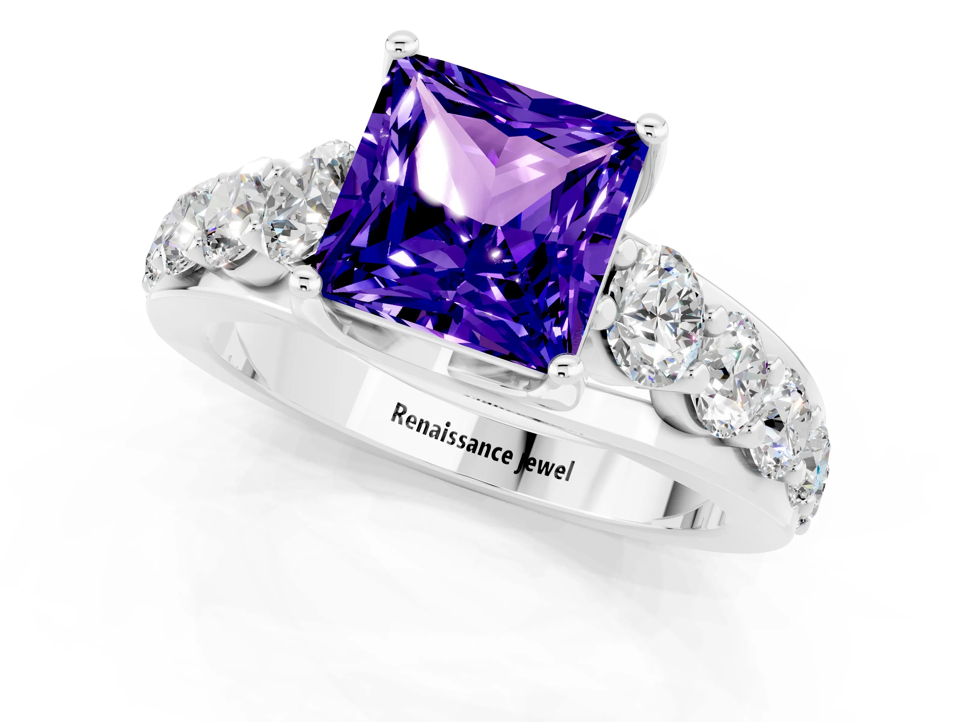 White gold Princess Cut Tanzanite Engagement Ring with Pavé Band and Four-Prong Setting_1
