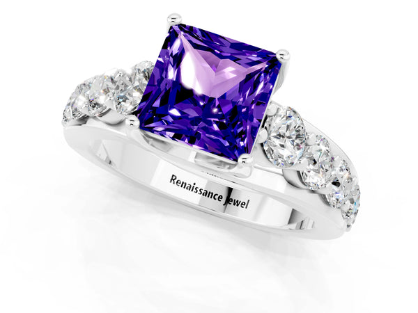 White gold Princess Cut Tanzanite Engagement Ring with Pavé Band and Four-Prong Setting