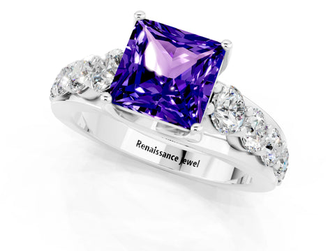 White gold Princess Cut Tanzanite Engagement Ring with Pavé Band and Four-Prong Setting_1