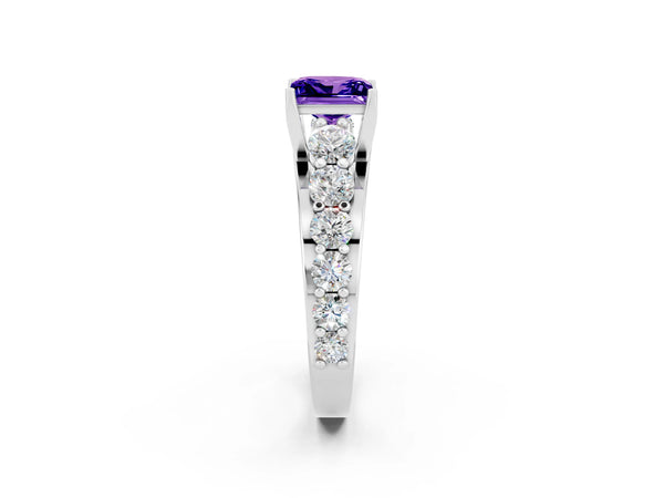 Silver Princess Cut Tanzanite Engagement Ring with Pavé Band and Four-Prong Setting