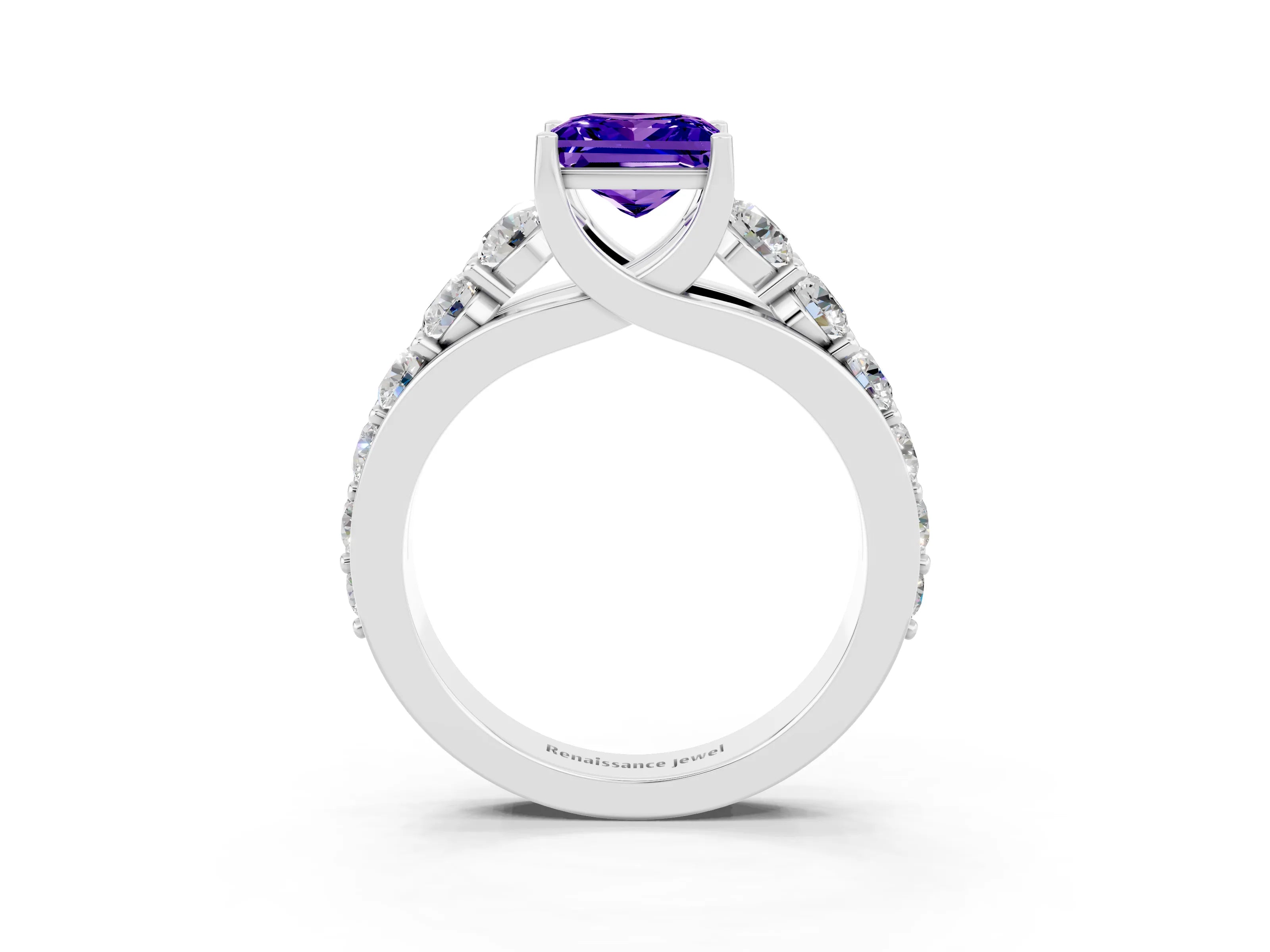 White gold Princess Cut Tanzanite Engagement Ring with Pavé Band and Four-Prong Setting_3
