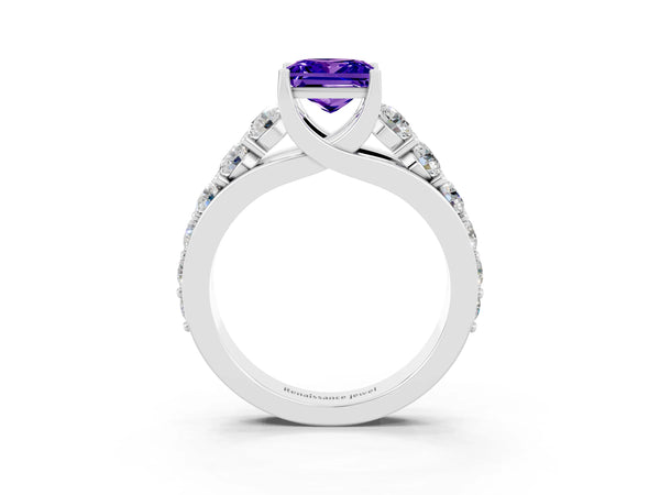 Silver Princess Cut Tanzanite Engagement Ring with Pavé Band and Four-Prong Setting