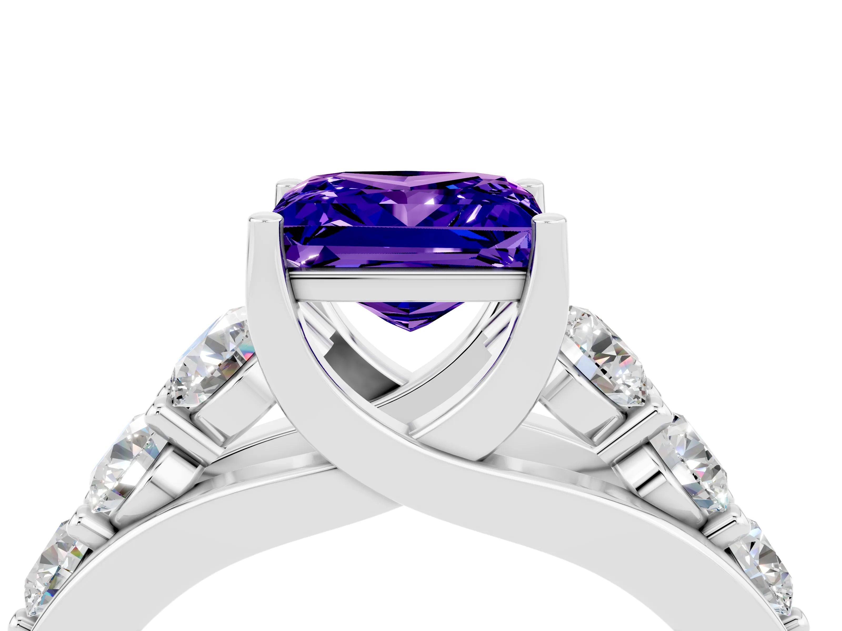 White gold Princess Cut Tanzanite Engagement Ring with Pavé Band and Four-Prong Setting_4