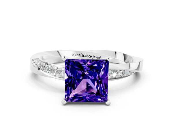 White gold Princess Cut Tanzanite Engagement Ring with Side Stone Accents and Four-Prong Setting
