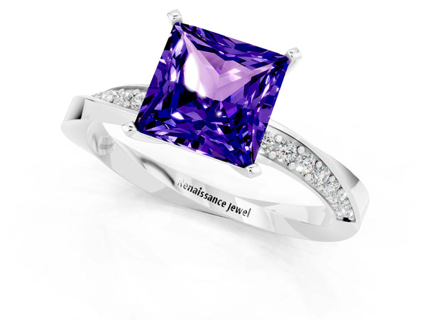 White gold Princess Cut Tanzanite Engagement Ring with Side Stone Accents and Four-Prong Setting