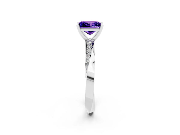 White gold Princess Cut Tanzanite Engagement Ring with Side Stone Accents and Four-Prong Setting