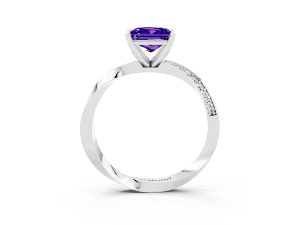 White gold Princess Cut Tanzanite Engagement Ring with Side Stone Accents and Four-Prong Setting