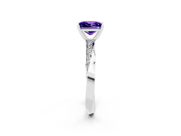 Silver Princess Cut Tanzanite Engagement Ring with Side Stone Accents and Four-Prong Setting