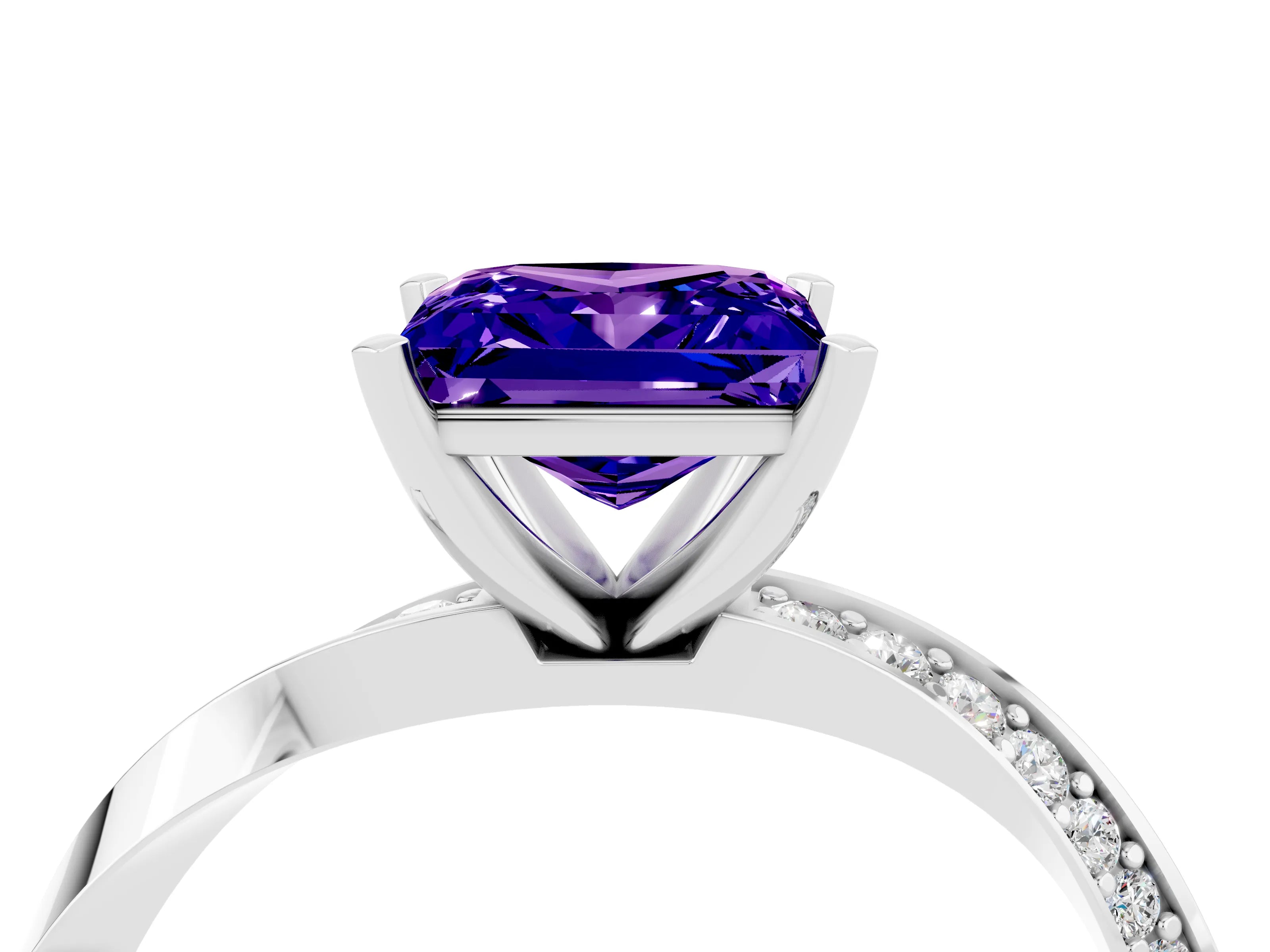 White gold Princess Cut Tanzanite Engagement Ring with Side Stone Accents and Four-Prong Setting_55