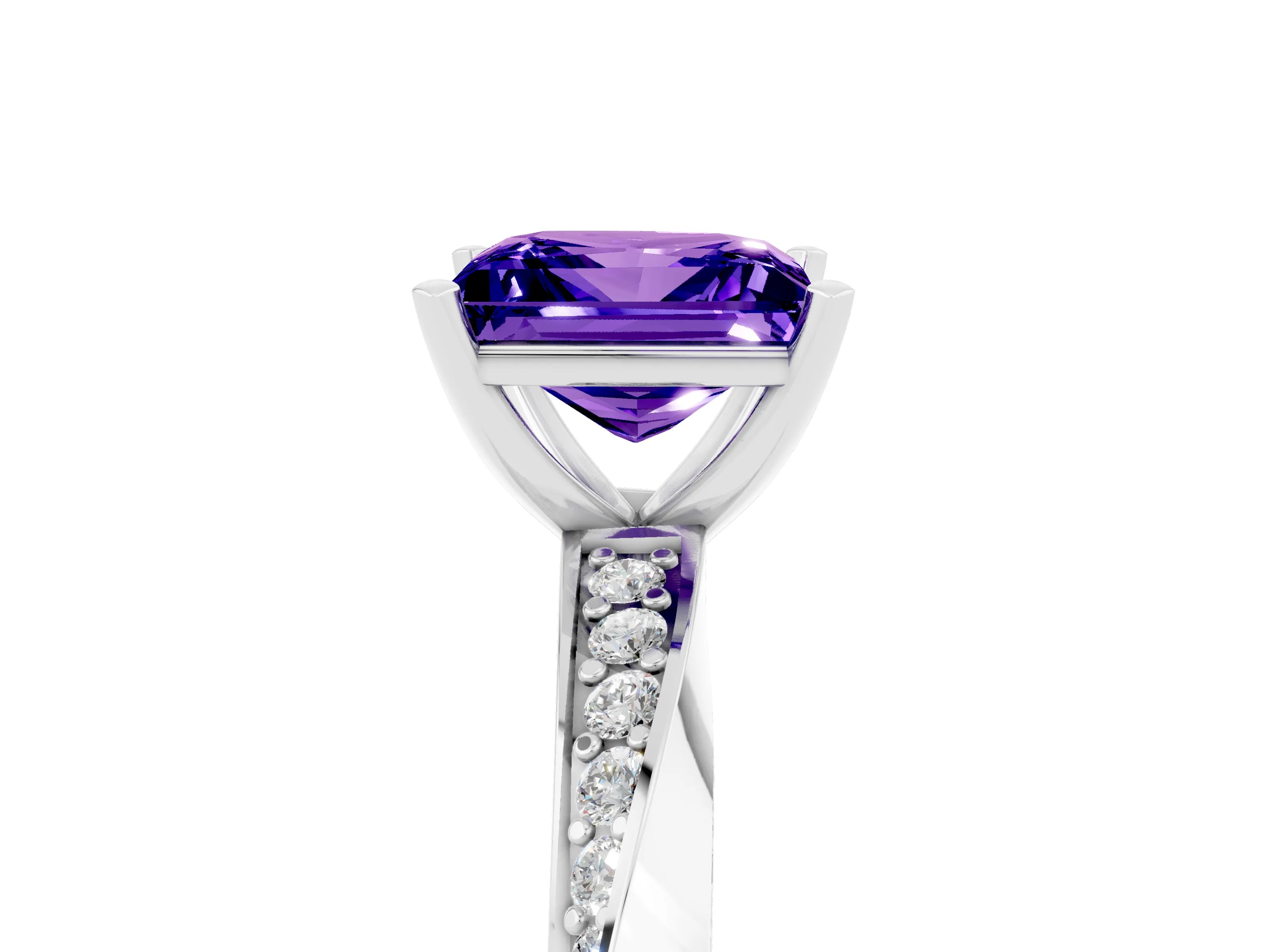White gold Princess Cut Tanzanite Engagement Ring with Side Stone Accents and Four-Prong Setting_56