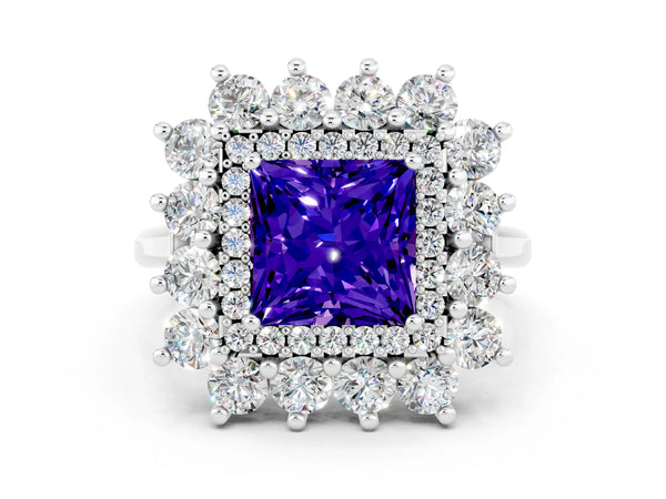 Platinum Princess Cut Tanzanite Floral Double Halo Engagement Ring with Prong Setting