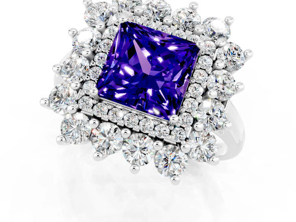 White gold Princess Cut Tanzanite Floral Double Halo Engagement Ring with Prong Setting