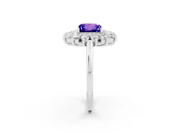 Platinum Princess Cut Tanzanite Floral Double Halo Engagement Ring with Prong Setting