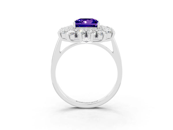 Silver Princess Cut Tanzanite Floral Double Halo Engagement Ring with Prong Setting