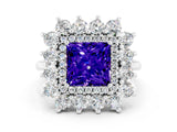 White gold Princess Cut Tanzanite Floral Double Halo Engagement Ring with Prong Setting_36