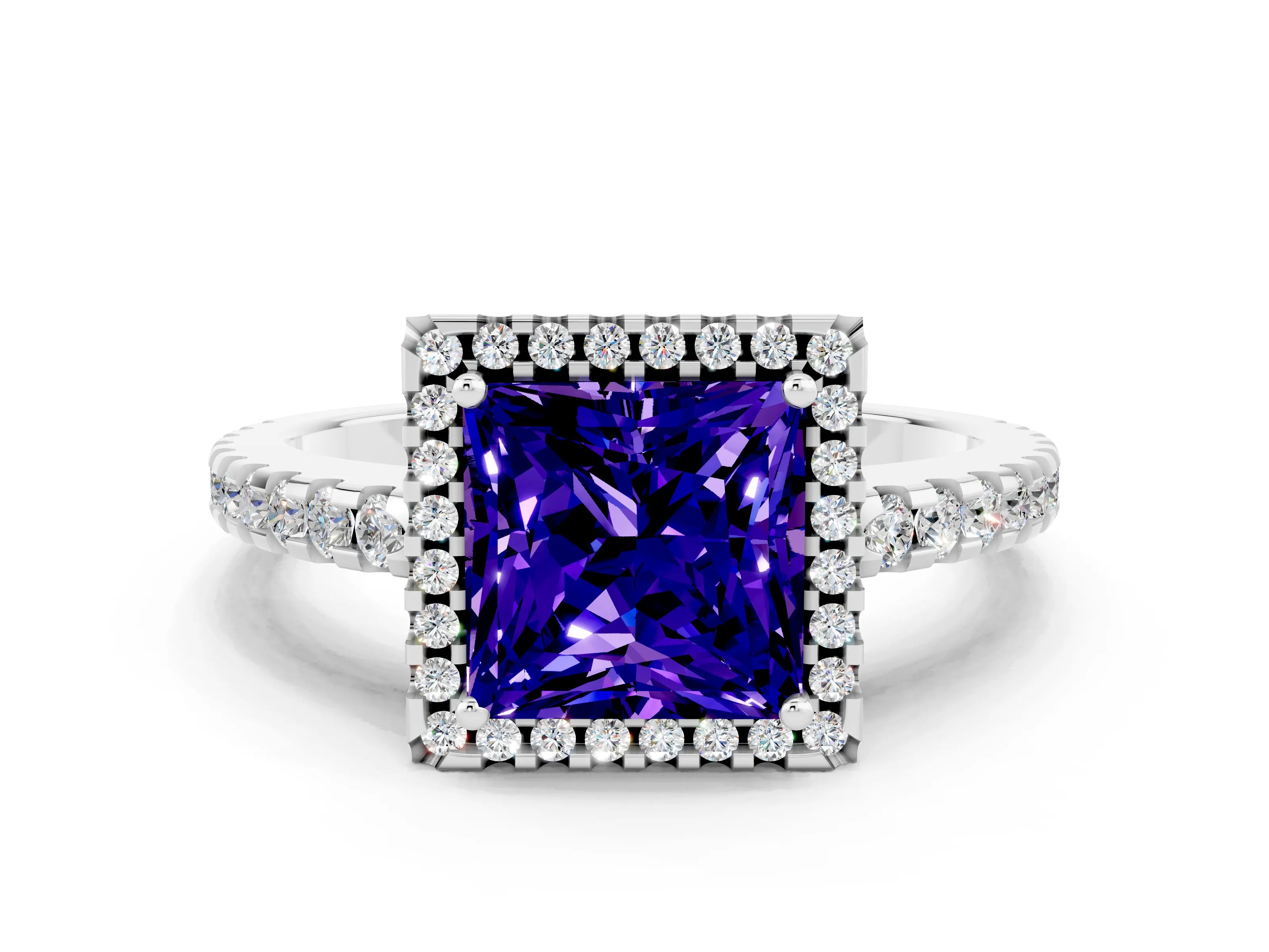 White gold Princess Cut Tanzanite Halo Engagement Ring with Pavé Band and Prong Setting_12
