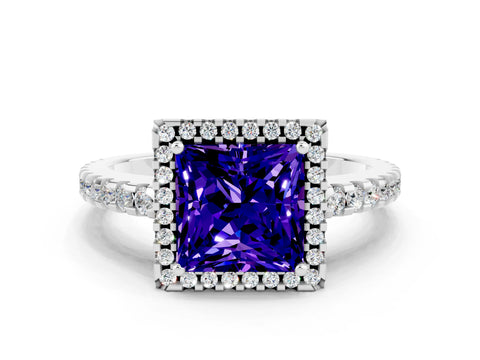 White gold Princess Cut Tanzanite Halo Engagement Ring with Pavé Band and Prong Setting_12