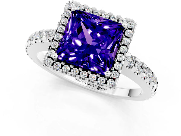White gold Princess Cut Tanzanite Halo Engagement Ring with Pavé Band and Prong Setting