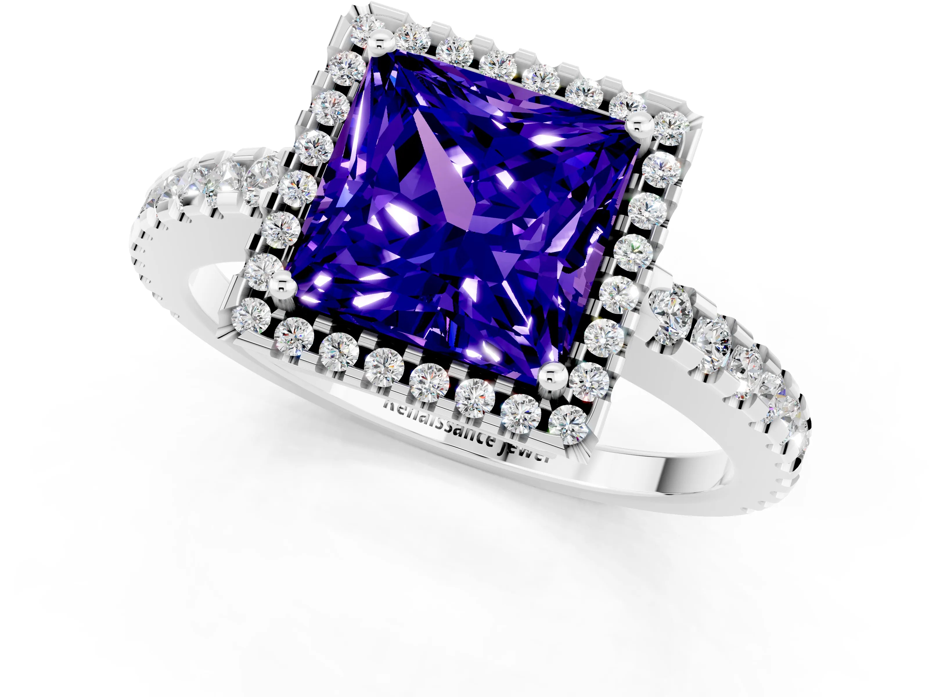 White gold Princess Cut Tanzanite Halo Engagement Ring with Pavé Band and Prong Setting_13
