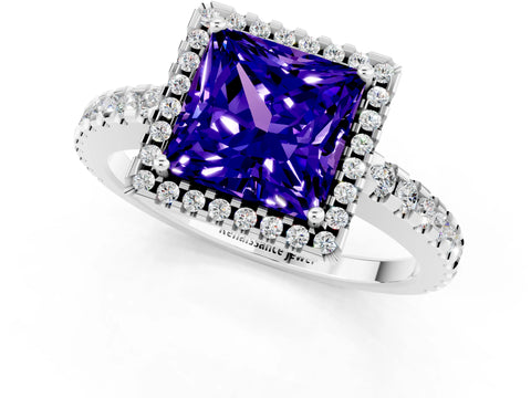 White gold Princess Cut Tanzanite Halo Engagement Ring with Pavé Band and Prong Setting_13