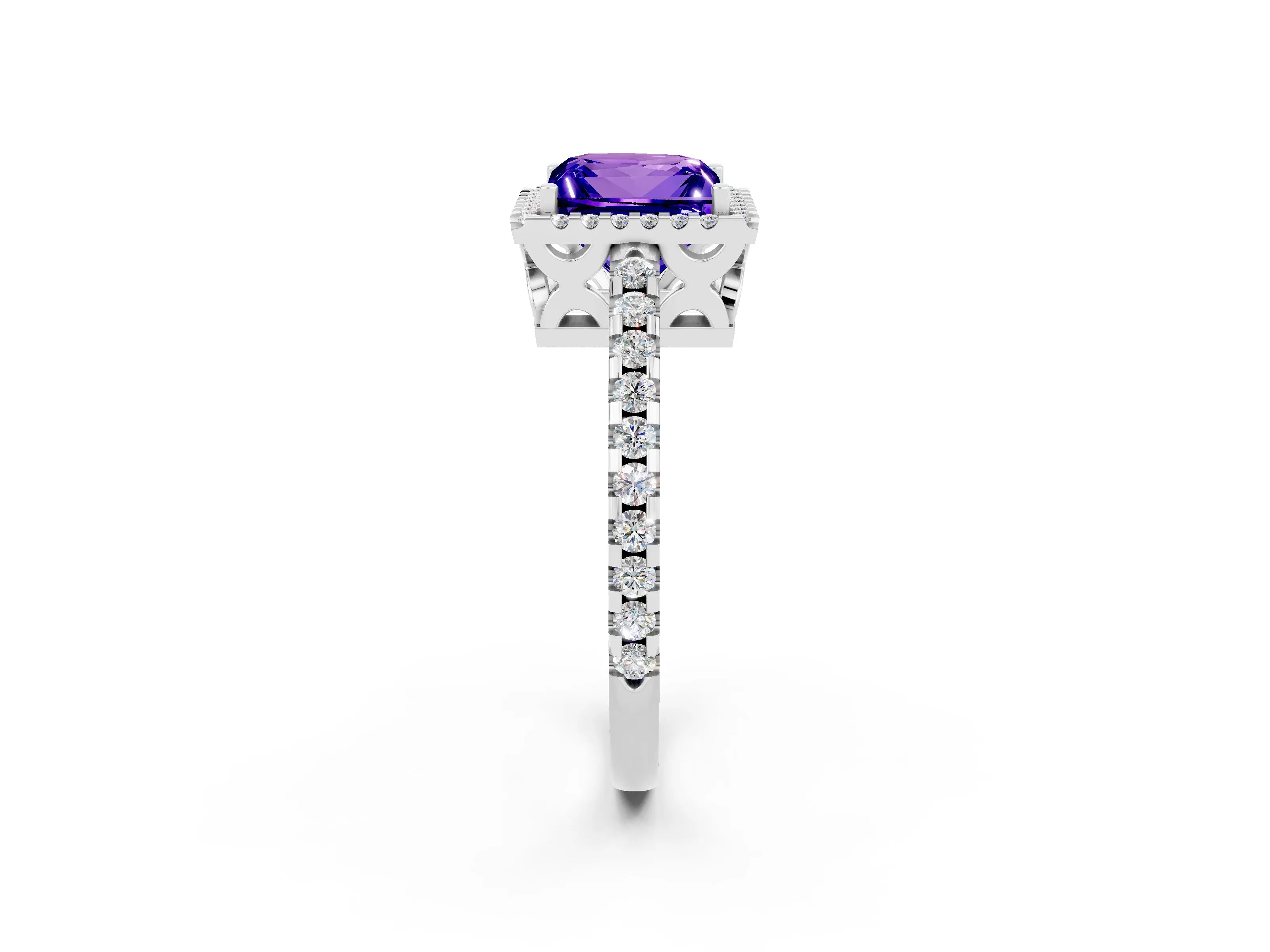White gold Princess Cut Tanzanite Halo Engagement Ring with Pavé Band and Prong Setting_14