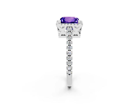 White gold Princess Cut Tanzanite Halo Engagement Ring with Pavé Band and Prong Setting_14