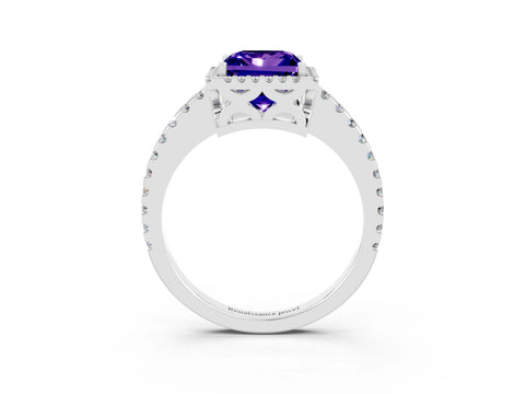 White gold Princess Cut Tanzanite Halo Engagement Ring with Pavé Band and Prong Setting_15