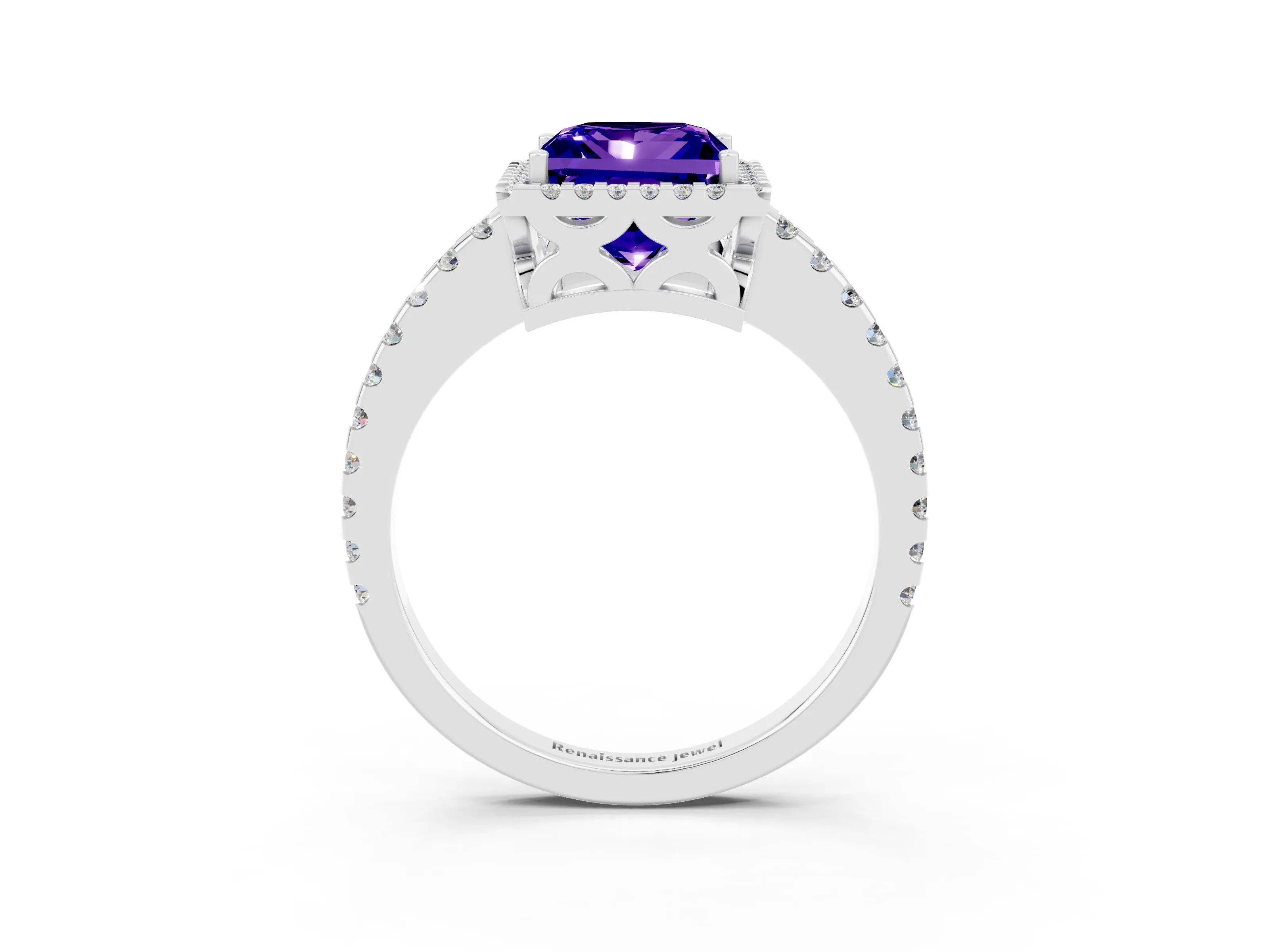 White gold Princess Cut Tanzanite Halo Engagement Ring with Pavé Band and Prong Setting_15