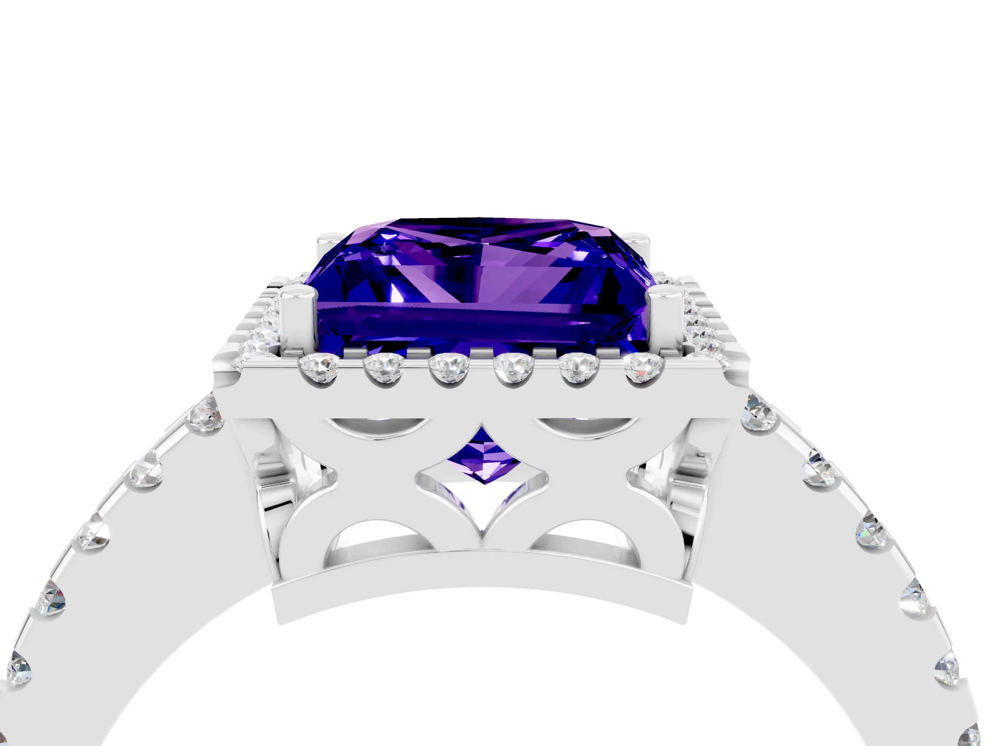 White gold Princess Cut Tanzanite Halo Engagement Ring with Pavé Band and Prong Setting_16