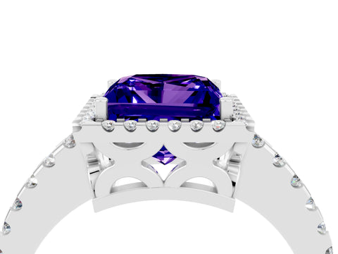 White gold Princess Cut Tanzanite Halo Engagement Ring with Pavé Band and Prong Setting_16