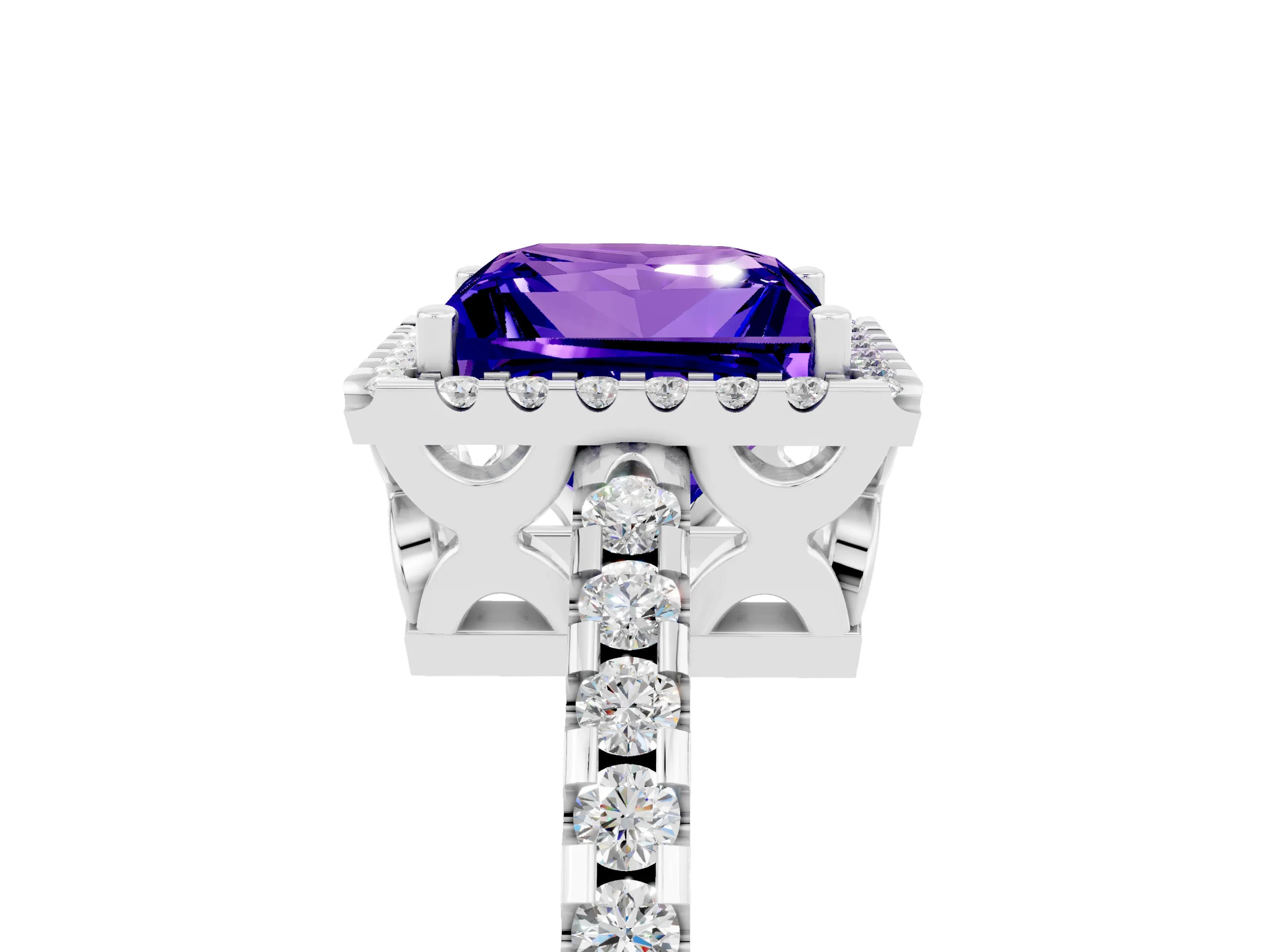 White gold Princess Cut Tanzanite Halo Engagement Ring with Pavé Band and Prong Setting_17