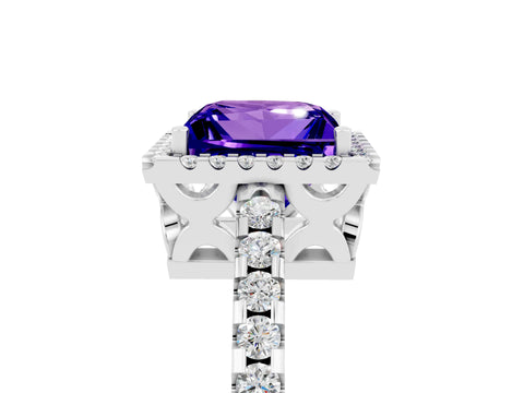 White gold Princess Cut Tanzanite Halo Engagement Ring with Pavé Band and Prong Setting_17