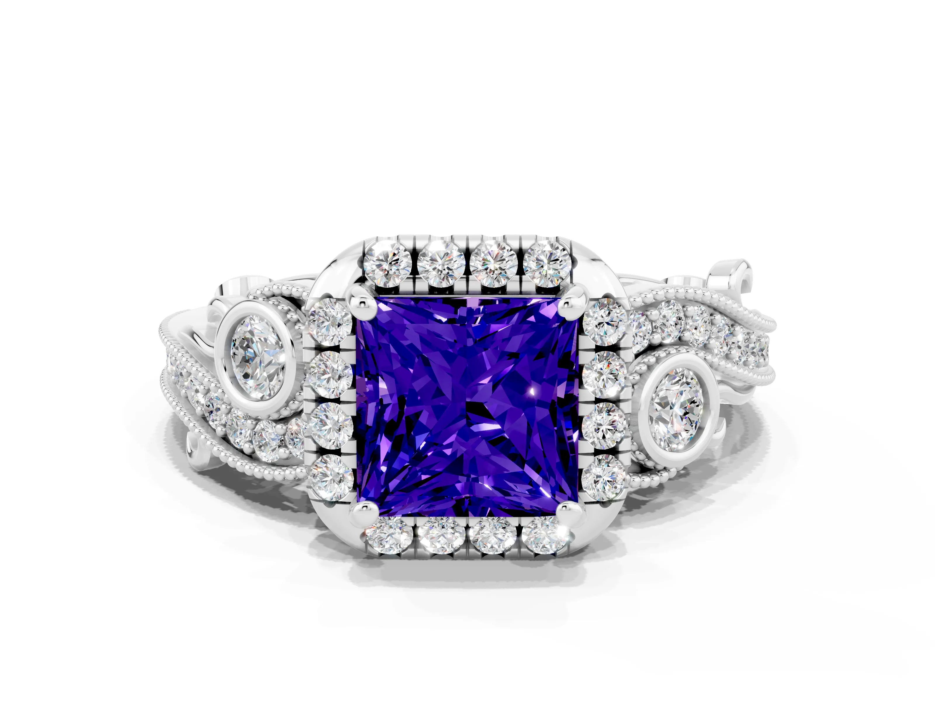 White gold Princess Cut Tanzanite Halo Ring with Milgrain Pavé Band and Four-Prong Setting_12