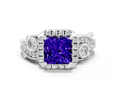 White gold Princess Cut Tanzanite Halo Ring with Milgrain Pavé Band and Four-Prong Setting_12