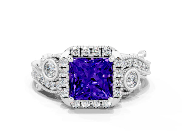 Silver Princess Cut Tanzanite Halo Ring with Milgrain Pavé Band and Four-Prong Setting