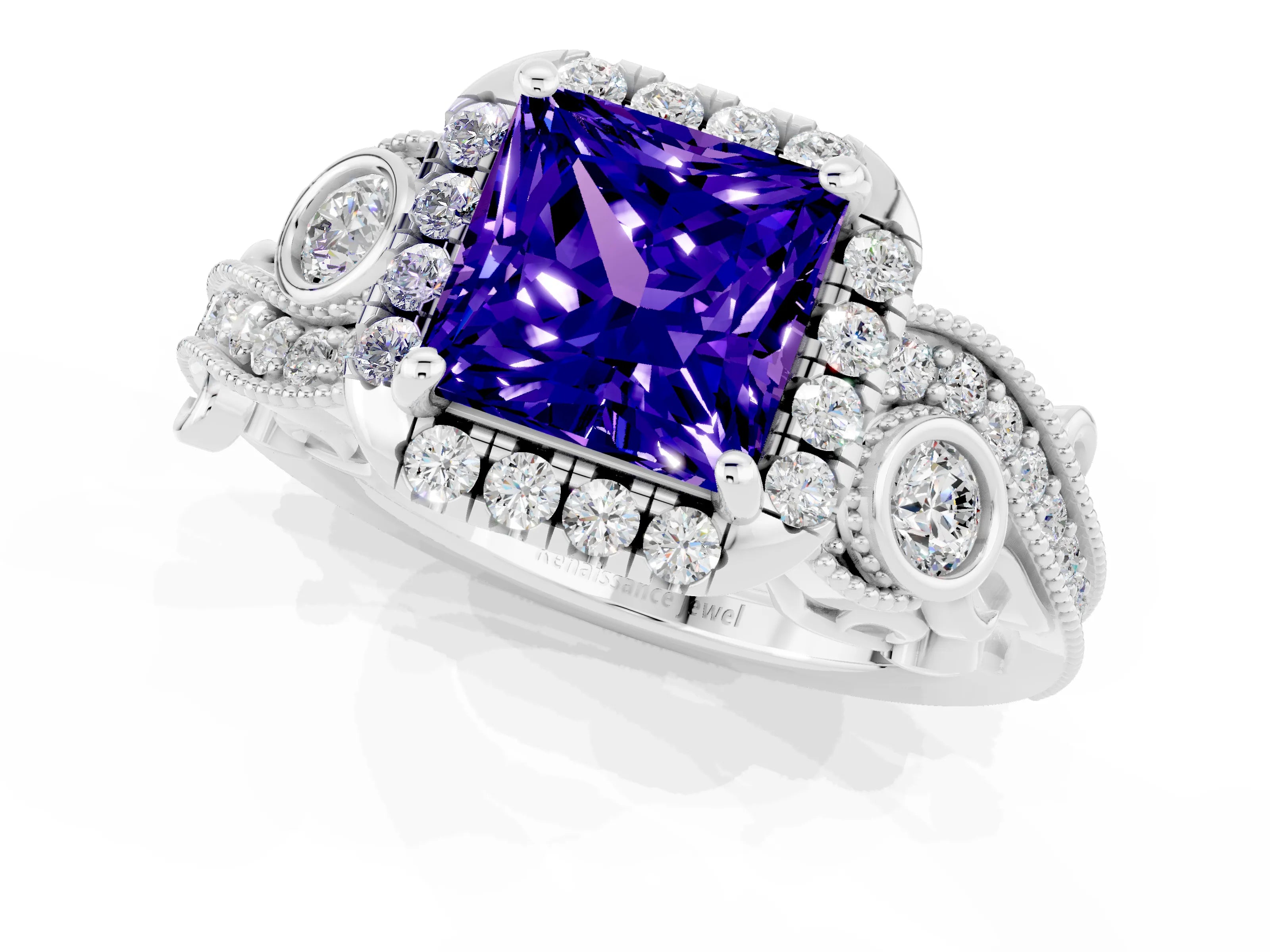White gold Princess Cut Tanzanite Halo Ring with Milgrain Pavé Band and Four-Prong Setting_13